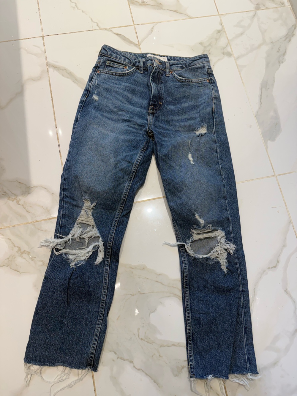 Topshop Distressed Dark Blue Slim Straight Jeans